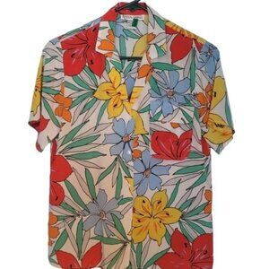 Hana Sung Short Sleeve White w/Floral Print Button Down Blouse Size 6